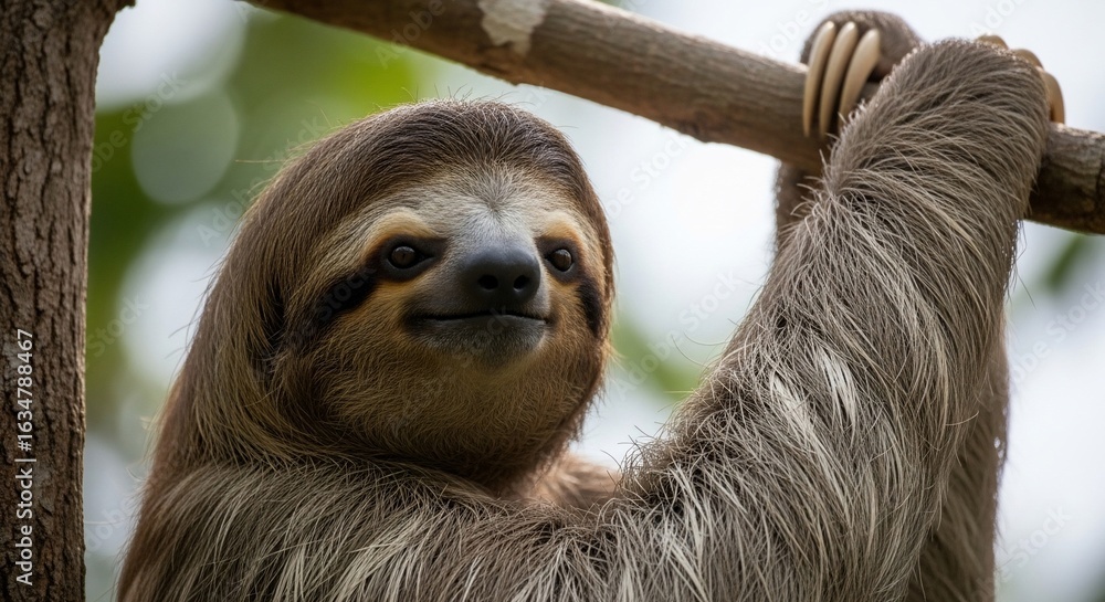 Fototapeta premium Three-Toed Sloth Hanging on Branch, Close-Up Portrait with Detailed Fur Texture