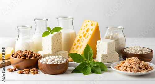 Assortment of lactose-free dairy alternatives and diverse nutritional source materials on a