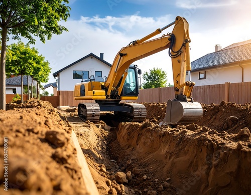 Excavator digs trench in front of new homes