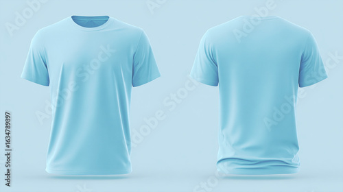 Soft light blue black t-shirt mock-up template styled in branding-friendly layout. 3D t-shirt mock-up highlighting curved collar and sleeves. Clear shirt texture exposure