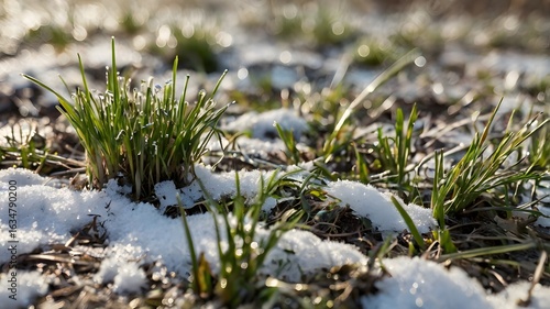 Close-up macro shot of vibrant green grass sprouts pushing through a layer of white snow, a symbol of new beginnings, hope, and the changing seasons from winter to spring
