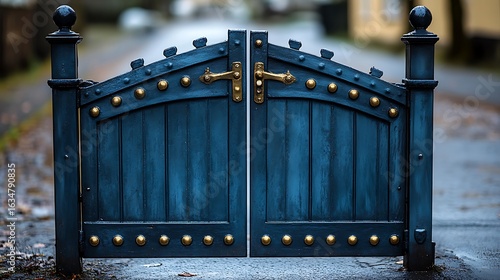 Ornate, dark-blue wooden gate with golden studs.