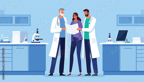 Medical team consulting with a patient about her health report in a clinic. Vector concept.
