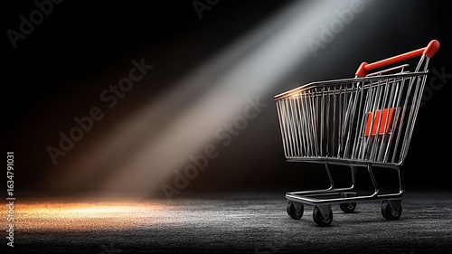 An empty shopping cart with a red handle stands alone on a dark textured floor,