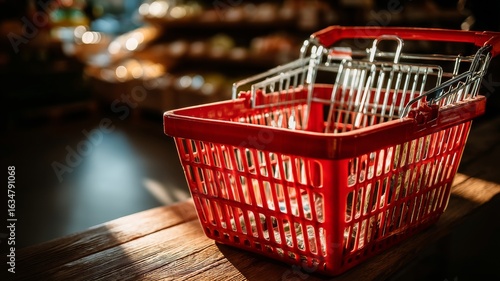 A red plastic shopping basket sits on a wooden countertop in a grocery store,