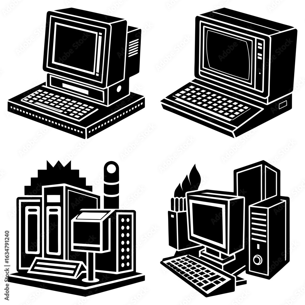 Fototapeta premium Illustration of four different retro computer setups with keyboards and monitors in black and white