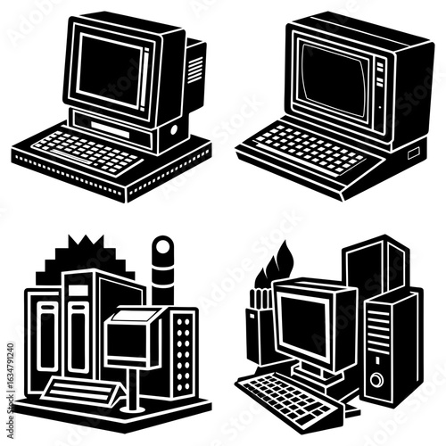 Illustration of four different retro computer setups with keyboards and monitors in black and white