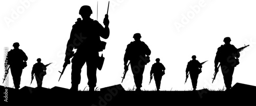 Silhouettes of armed soldiers marching across an uneven landscape, led by a figure holding a communication device.