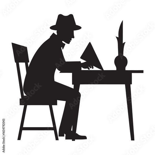 Silhouette of a writer and poet working at a desk symbolizing creativity and literature