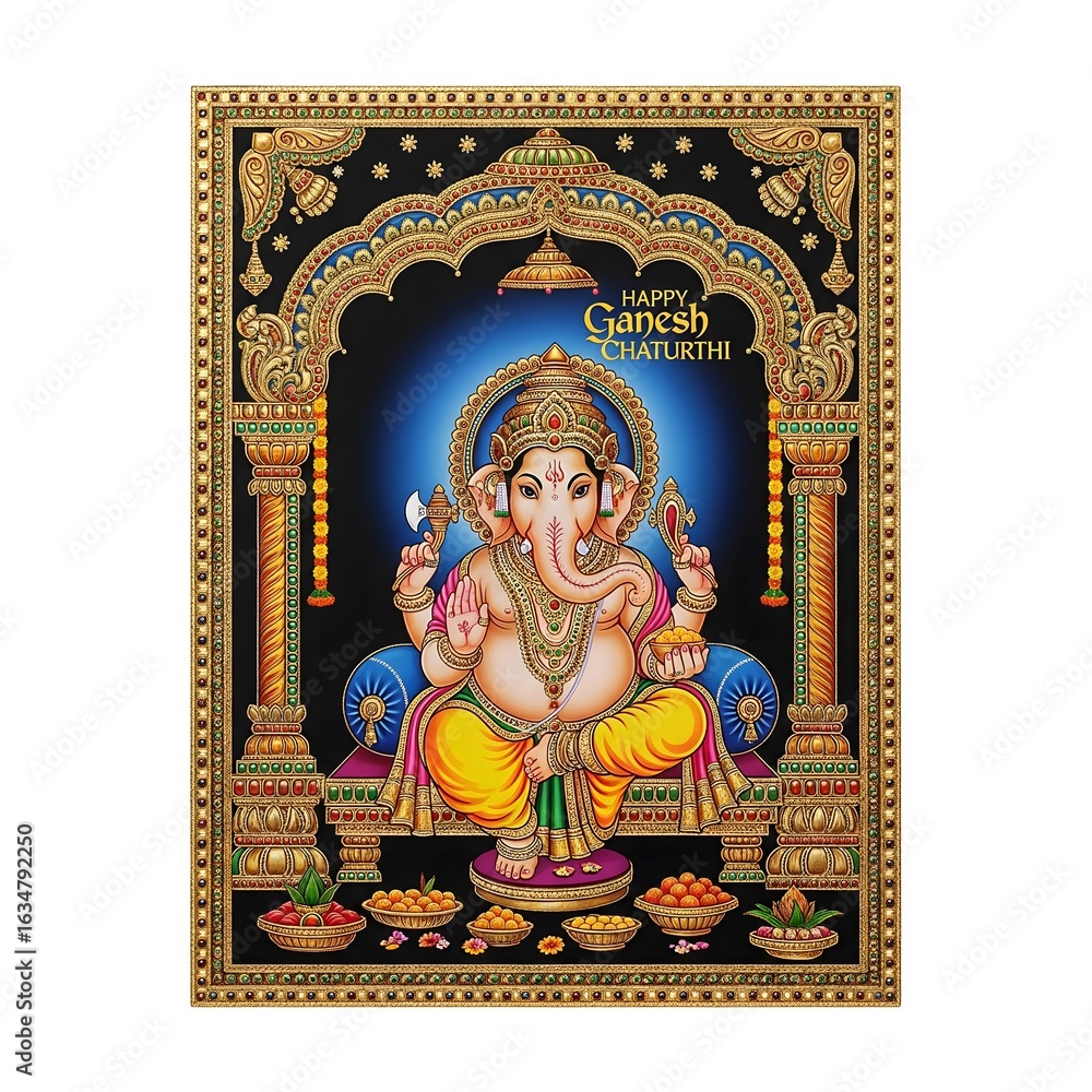 Obraz premium Lord Ganesha seated in ornate archway with offerings for Ganesh Chaturthi Hindu deity