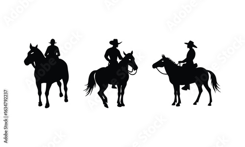 Cowboy Riding Horse Vector Illustration, Western Cowboy on Horseback Graphic, Rodeo Cowboy Horseback Rider Silhouettes