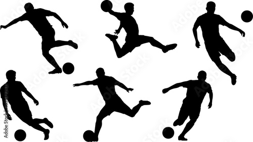 Silhouettes of soccer players in various dynamic poses, actively engaged with a football on a white background.