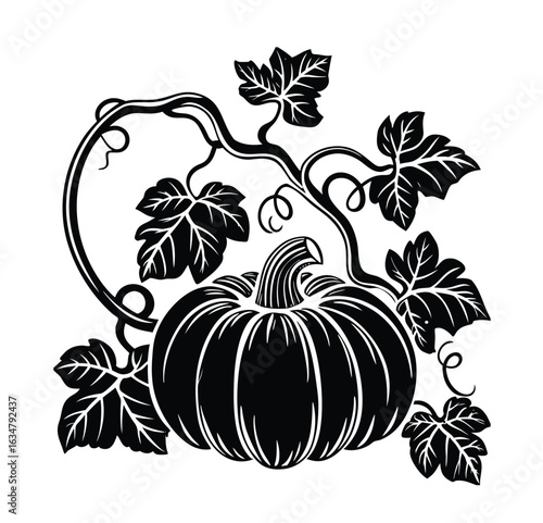autumn vegetables pumpkin with vine decal black and white sticker vector