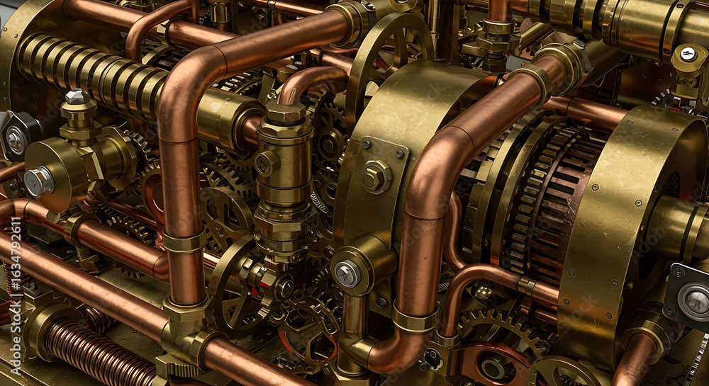 Fototapeta premium Intricate steampunk engine gears and copper pipes create a complex industrial aesthetic for innovation concepts.