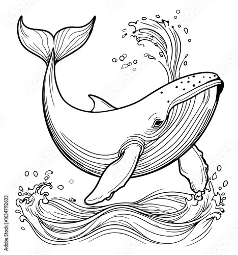 Cartoon whale spouting water, coloring page, vector illustration. AI