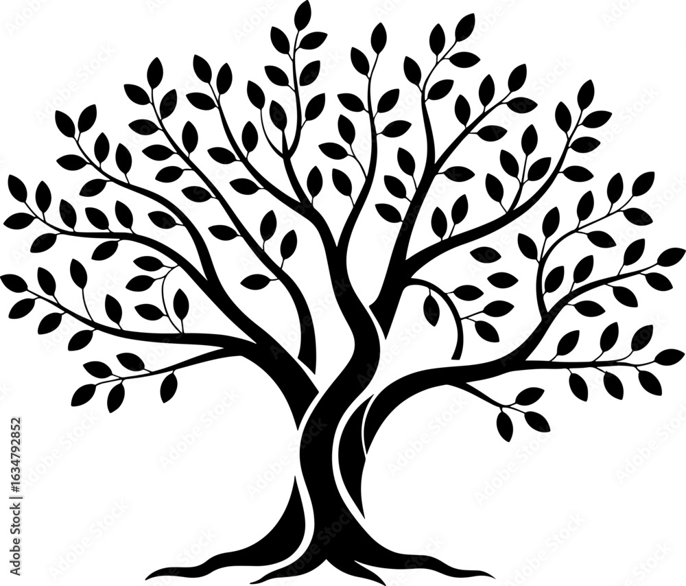 Obraz premium A striking black silhouette of a stylized tree featuring a robust, intertwined trunk and dense foliage.