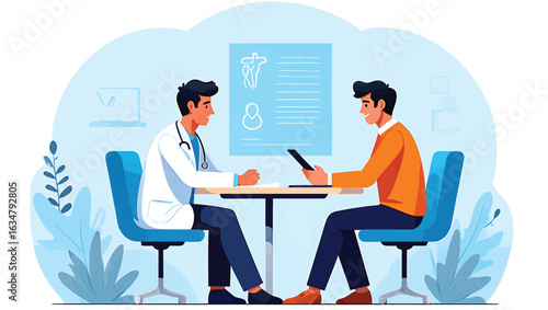 Healthcare professionals consulting in a modern medical office. Flat vector illustration.