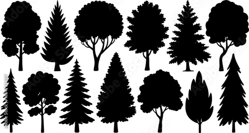 A comprehensive collection of diverse black tree silhouettes, showcasing various species and shapes, isolated on a white background.