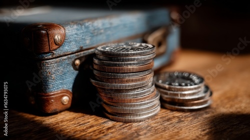 A pile of silver coins scattered beside an aged suitcase with worn edges and visible scratches,