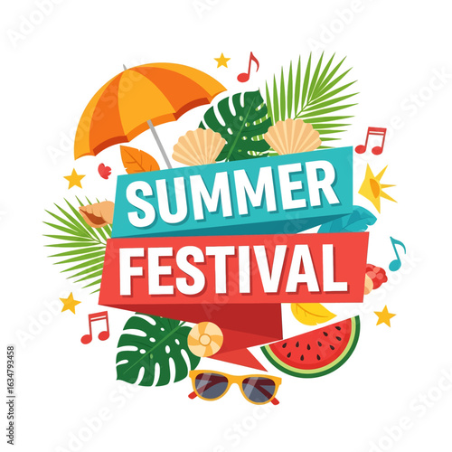 A vibrant summer festival poster featuring the title text surrounded by tropical leaves, a beach umbrella, cocktails, music notes, and seashells. Perfect for any event