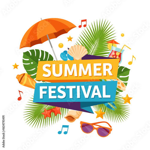 A vibrant summer festival poster featuring the title text surrounded by tropical leaves, a beach umbrella, cocktails, music notes, and seashells. Perfect for any event