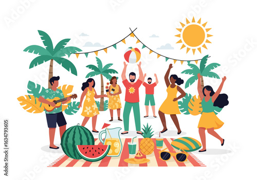 Adobe Illustrator Artwork A lively summer party festival poster featuring a diverse group of people celebrating with music and dancing. The vibrant tropical scene includes palm trees, food, and drinks