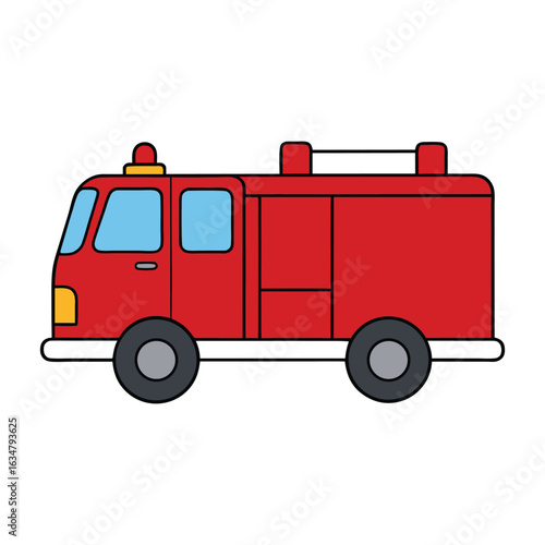 Bright red fire engine with flashing lights and loud sirens, equipped with hoses, ladders, and tools—ready to race to emergencies and save lives in seconds.
