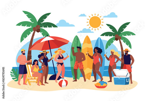 Adobe Illustrator Artwork A lively summer party festival poster featuring a diverse group of people celebrating with music and dancing. The vibrant tropical scene includes palm trees, food, and drinks