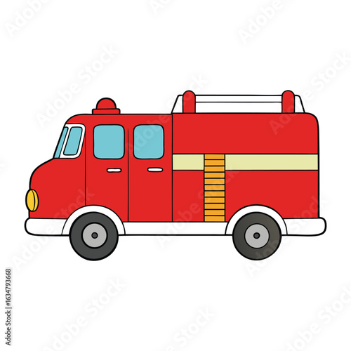 Bright red fire engine with flashing lights and loud sirens, equipped with hoses, ladders, and tools—ready to race to emergencies and save lives in seconds.

