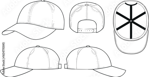 Baseball cap technical drawing, five angle views, curved brim design, adjustable strap detail, stitching illustration, fashion accessory layout, headwear template, apparel sketch.