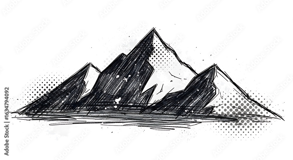 Fototapeta premium Hand-drawn Mountain Range with Comic Book Style Halftone Effect