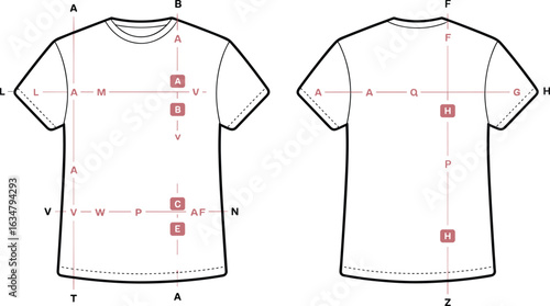 T-shirt technical diagram, front and back view, labeled design points, apparel measurement chart, garment blueprint, fashion template, clothing construction sketch, pattern layout.