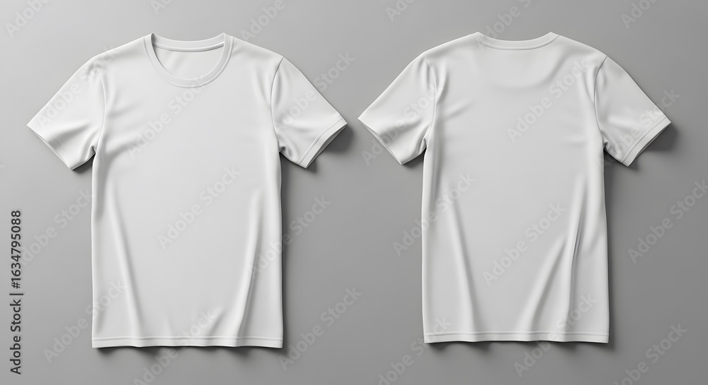 Fototapeta premium Front and back view of a plain white short-sleeved t-shirt mockup laid flat on a neutral gray background.