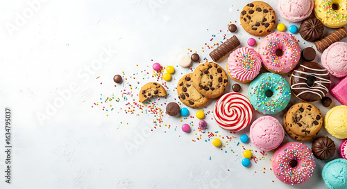Delightful assortment of colorful sweets and treats arranged creatively on a clean surface for