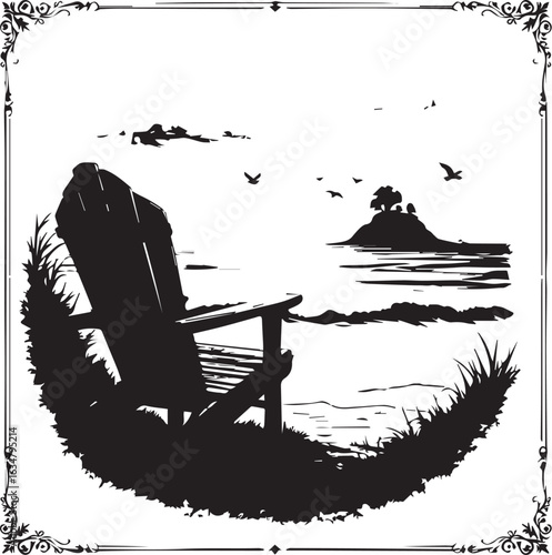 Coastal Serenity: Adirondack Chair by the Water with Island and Birds

