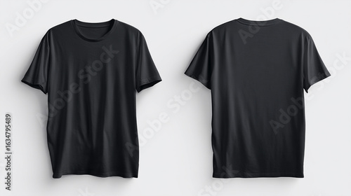 T-shirt mock-up template with realistic shadowing. Flat black cotton shirt for merchandise or fashion. 3D t-shirt mock-up with casual and sporty vibe