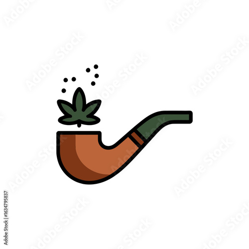Marijuana smoking pipe icon with cannabis leaf for weed and recreation.