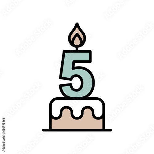 5th birthday cake icon for anniversary celebration with candle.