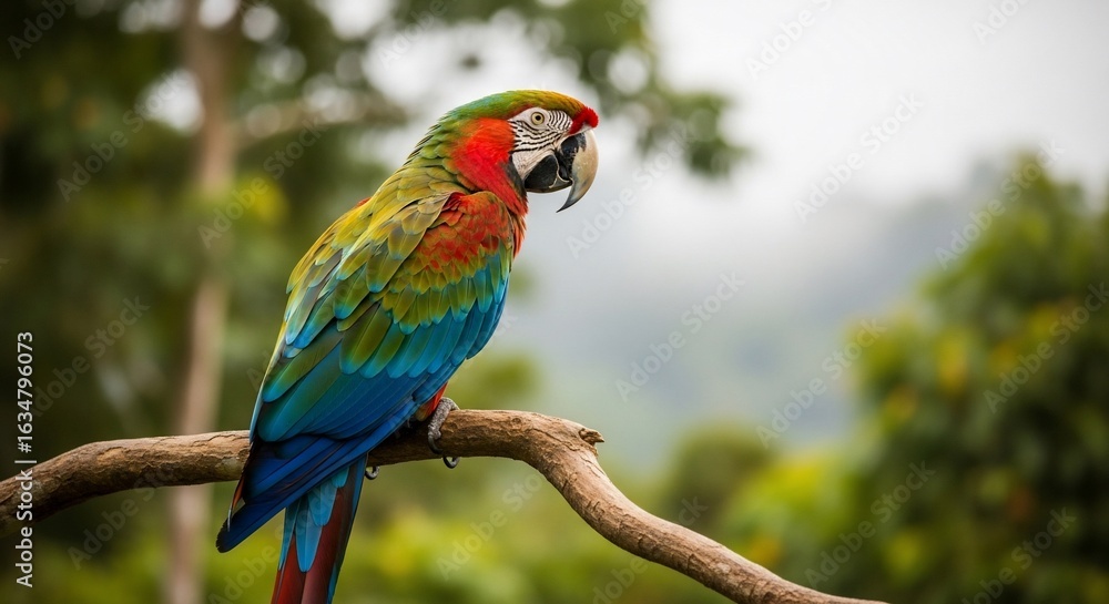 Fototapeta premium Vibrant Macaw Perched on Branch, Lush Tropical Backdrop