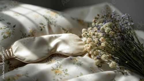 elegant sleep mask rests gently on pastelcolored bed adorned with delicate floral patterns