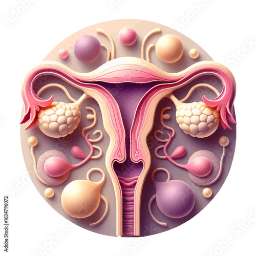 Three-Dimensional Female Reproductive System in Soft Pink and Purple Tones