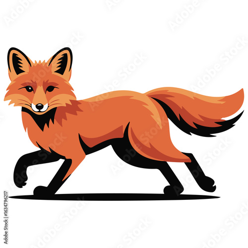 A stylized illustration of a red fox with a bushy tail walking confidently against a white background