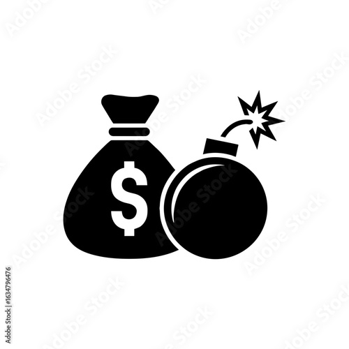 Debt bomb icon with money bag representing financial risk and crisis.