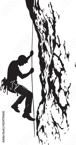 Black and White Silhouette of a Rock Climber on a Steep Cliff Face


