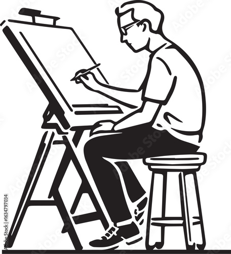 Artist Drawing at a Drafting Table Silhouette Illustration

