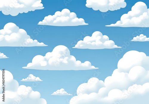 Flat illustration of a vast expanse of fluffy white cumulus clouds drifting across a bright blue sky