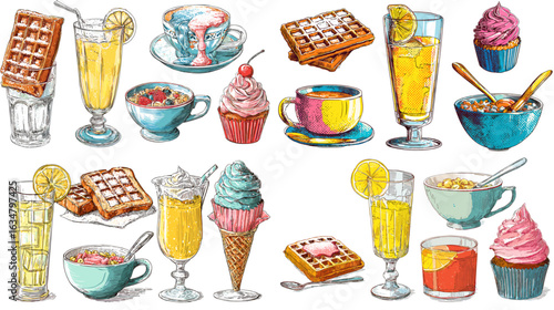 Hand-drawn illustration of tasty desserts and refreshing drinks including waffles, cupcakes, ice cream, tea, and lemonade in a colorful style.