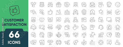 Customer satisfaction line icon set. A collection of 66 thin outline icons representing feedback, reviews, ratings, service quality, and user experience. Editable stroke. Vector illustration.