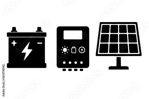 Battery Bank, Charge Controller, and Solar Cells Silhouettes Vector on White Background