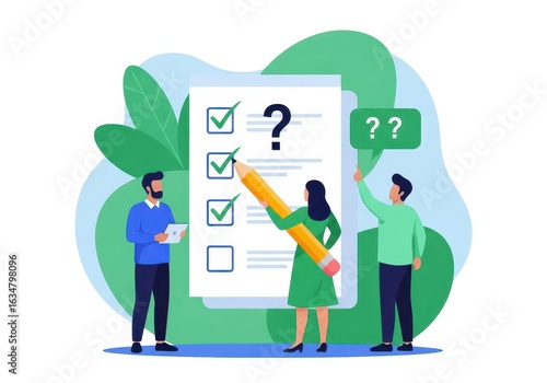 Flat illustration of three people working together on a checklist, with a large pencil marking progress and question marks indicating inquiry